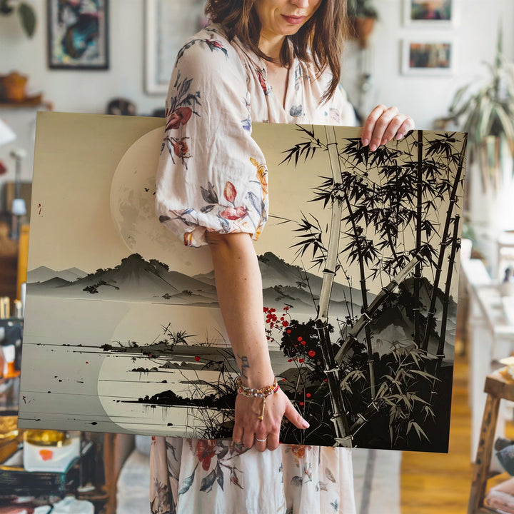 Moonlit Bamboo Landscape Canvas – Minimalist Asian Ink Wash Wall Art - Gifitto