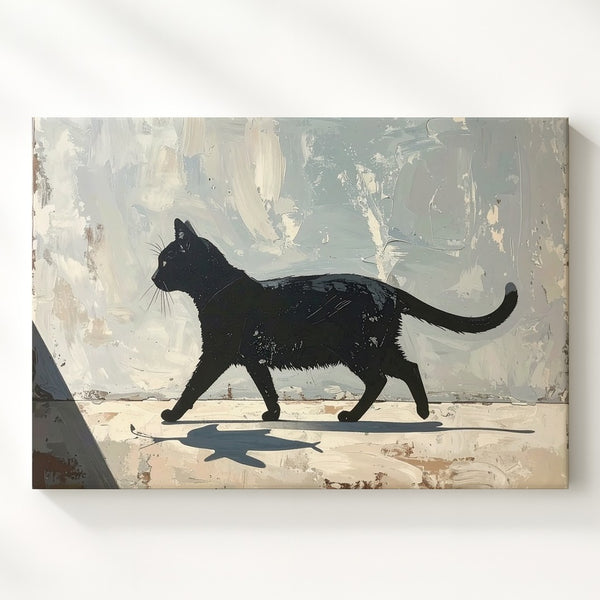 Whimsical Black Cat with Fish Shadow Canvas – Minimalist Surreal Art - Gifitto