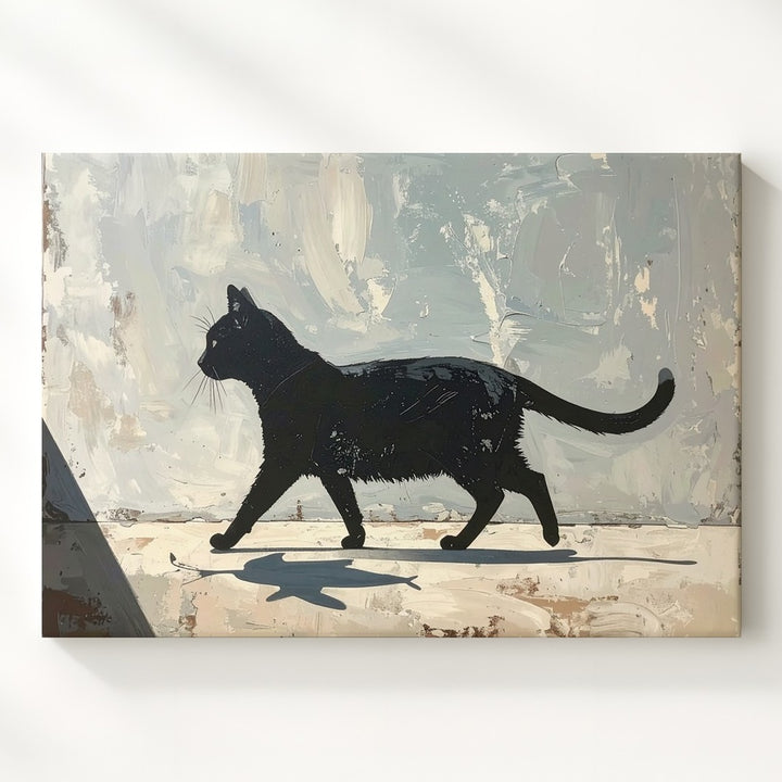 Whimsical Black Cat with Fish Shadow Canvas – Minimalist Surreal Art - Gifitto