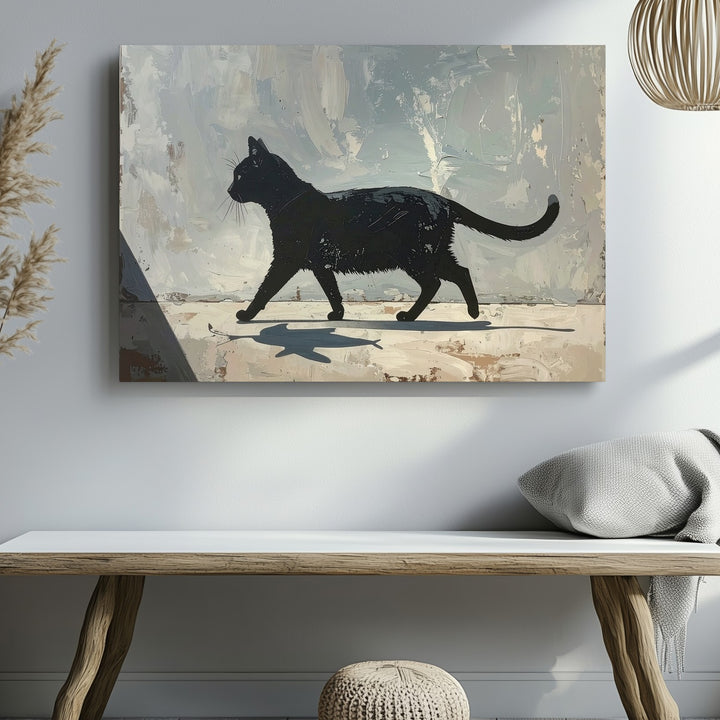 Whimsical Black Cat with Fish Shadow Canvas – Minimalist Surreal Art - Gifitto