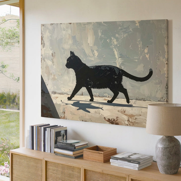 Whimsical Black Cat with Fish Shadow Canvas – Minimalist Surreal Art - Gifitto
