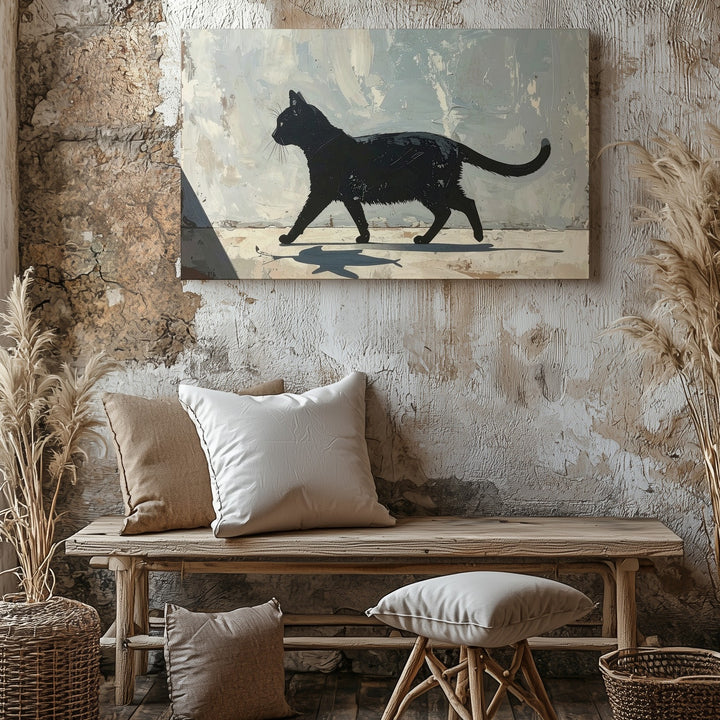 Whimsical Black Cat with Fish Shadow Canvas – Minimalist Surreal Art - Gifitto