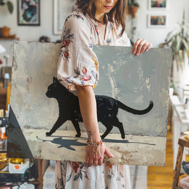 Whimsical Black Cat with Fish Shadow Canvas – Minimalist Surreal Art - Gifitto
