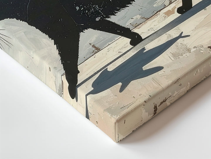 Whimsical Black Cat with Fish Shadow Canvas – Minimalist Surreal Art - Gifitto