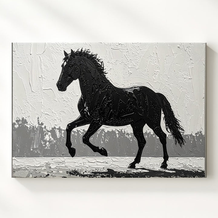 Textured Silhouette Horse Canvas – Minimalist Black on White Wall Art - Gifitto