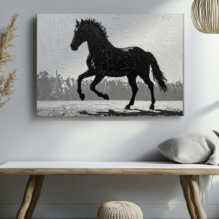 Textured Silhouette Horse Canvas – Minimalist Black on White Wall Art - Gifitto