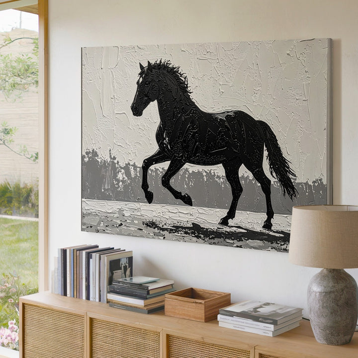 Textured Silhouette Horse Canvas – Minimalist Black on White Wall Art - Gifitto