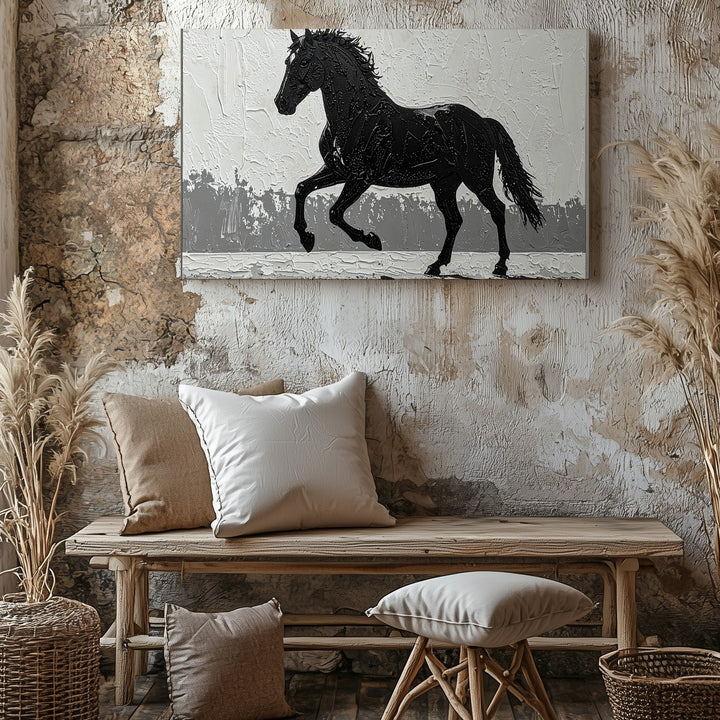 Textured Silhouette Horse Canvas – Minimalist Black on White Wall Art - Gifitto