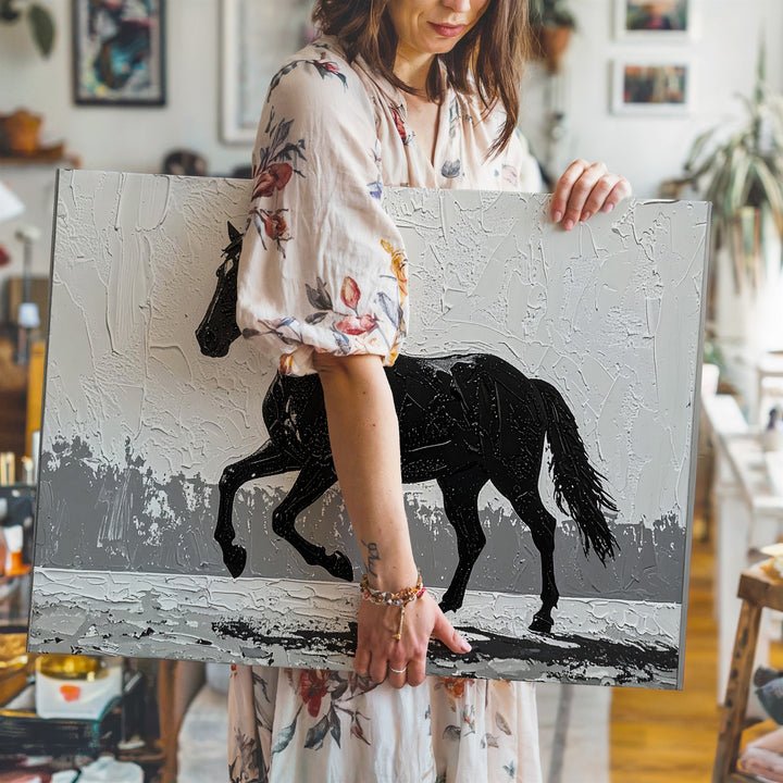 Textured Silhouette Horse Canvas – Minimalist Black on White Wall Art - Gifitto