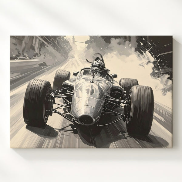 Monochrome Vintage F1 Canvas – High-Speed 1960s Racer with Motion Blur - Gifitto