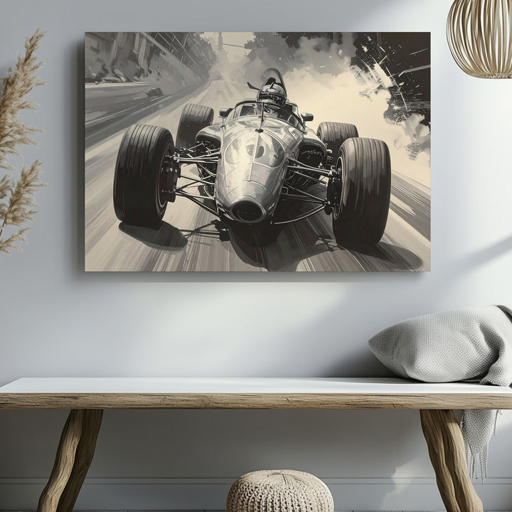 Monochrome Vintage F1 Canvas – High-Speed 1960s Racer with Motion Blur - Gifitto