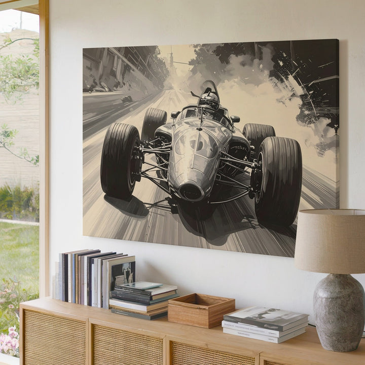 Monochrome Vintage F1 Canvas – High-Speed 1960s Racer with Motion Blur - Gifitto
