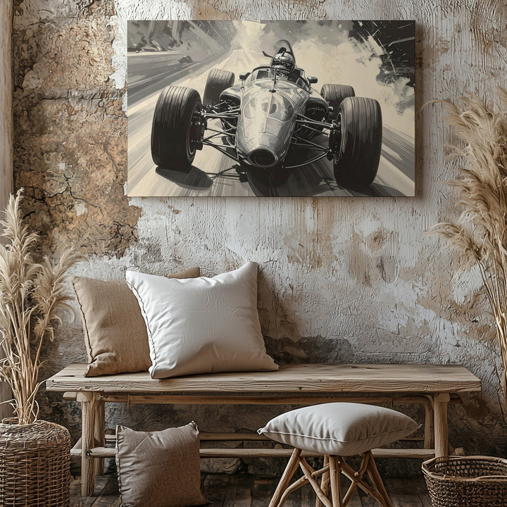 Monochrome Vintage F1 Canvas – High-Speed 1960s Racer with Motion Blur - Gifitto