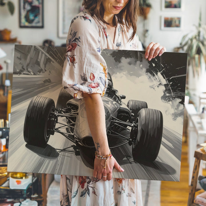 Monochrome Vintage F1 Canvas – High-Speed 1960s Racer with Motion Blur - Gifitto