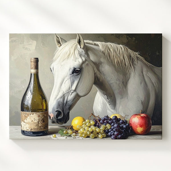 White Horse & Still Life Canvas – Classical Oil Painting with Fruit and Wine - Gifitto