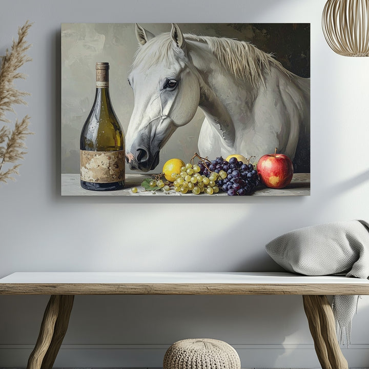 White Horse & Still Life Canvas – Classical Oil Painting with Fruit and Wine - Gifitto
