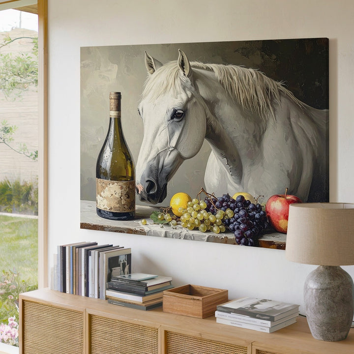 White Horse & Still Life Canvas – Classical Oil Painting with Fruit and Wine - Gifitto