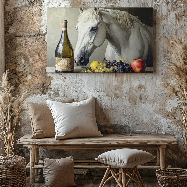 White Horse & Still Life Canvas – Classical Oil Painting with Fruit and Wine - Gifitto