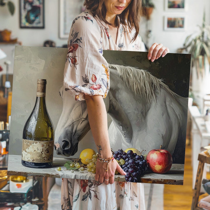 White Horse & Still Life Canvas – Classical Oil Painting with Fruit and Wine - Gifitto