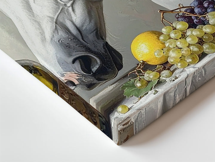 White Horse & Still Life Canvas – Classical Oil Painting with Fruit and Wine - Gifitto