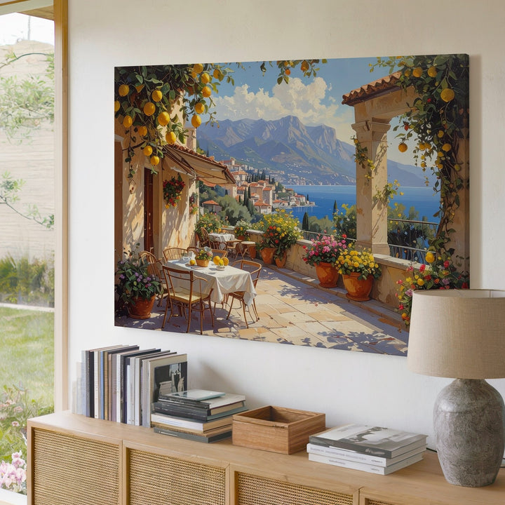 Mediterranean Terrace View Canvas – Lemon Trees & Mountain Village Wall Art - Gifitto