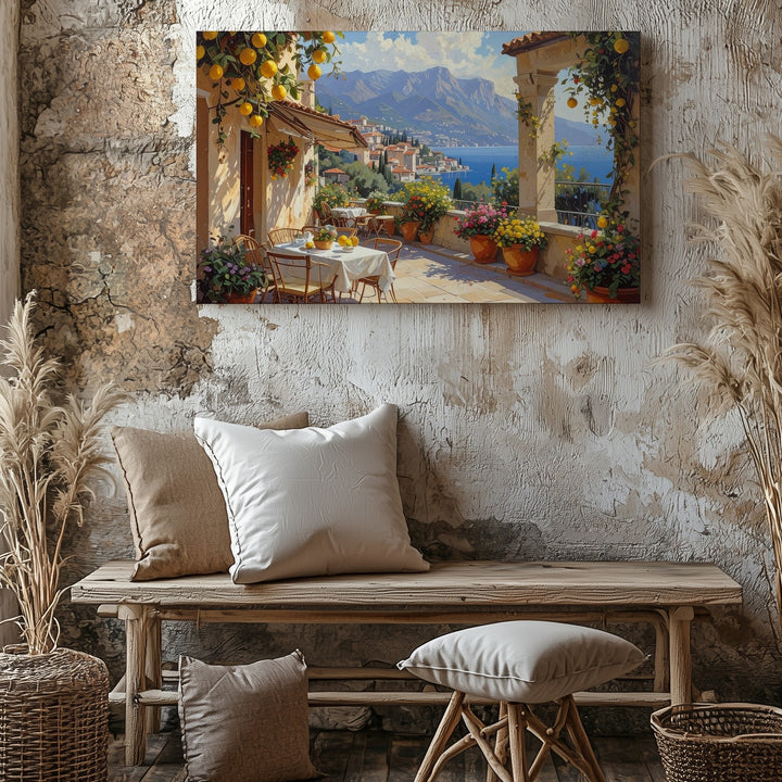 Mediterranean Terrace View Canvas – Lemon Trees & Mountain Village Wall Art - Gifitto