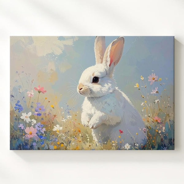 Serene Rabbit in Meadow Canvas – Pastel Spring Wall Art - Gifitto