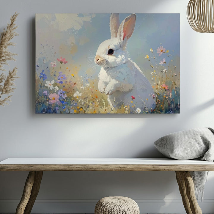 Serene Rabbit in Meadow Canvas – Pastel Spring Wall Art - Gifitto