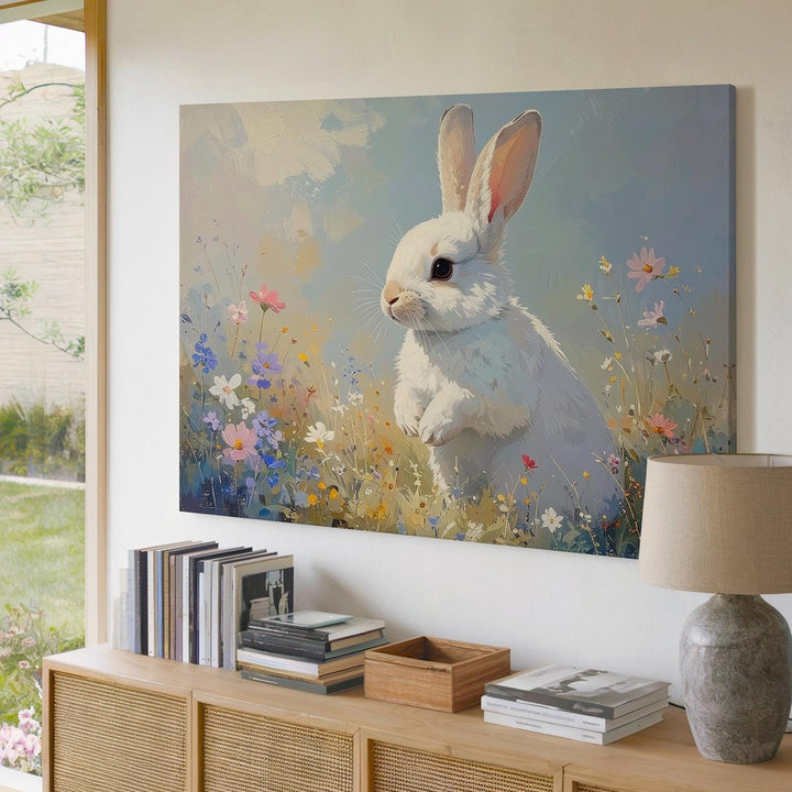Serene Rabbit in Meadow Canvas – Pastel Spring Wall Art - Gifitto