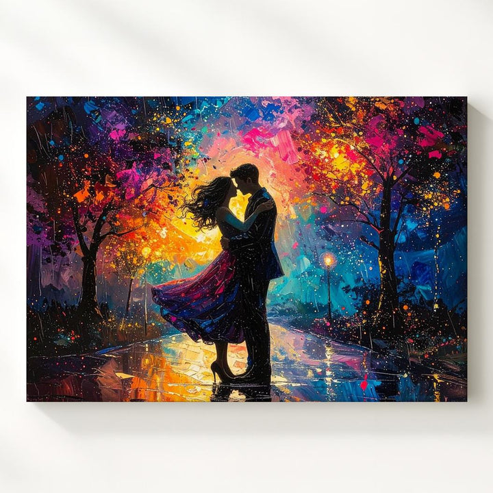 Dreamy Rain Embrace Canvas – Romantic Couple in Neon Lights - Gifitto