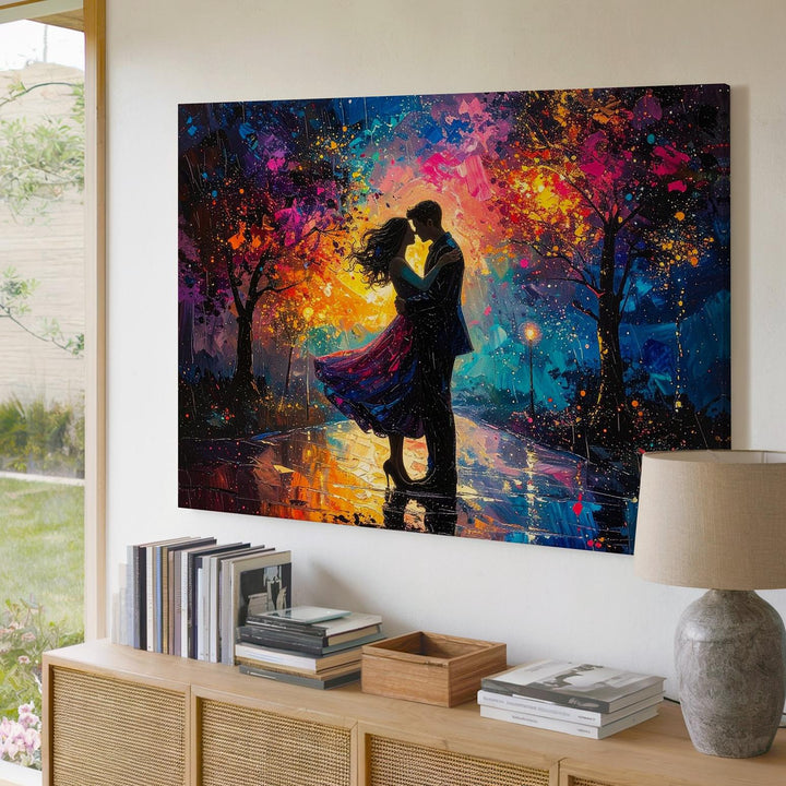 Dreamy Rain Embrace Canvas – Romantic Couple in Neon Lights - Gifitto