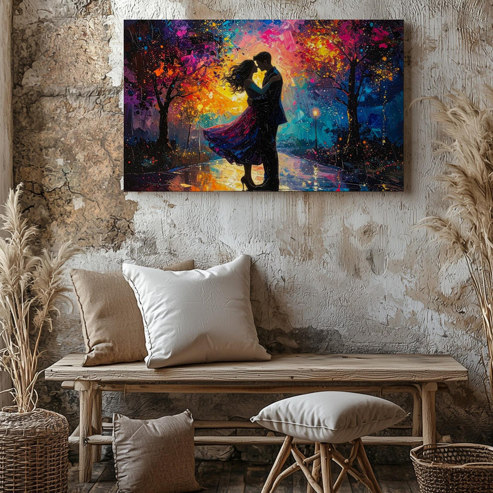 Dreamy Rain Embrace Canvas – Romantic Couple in Neon Lights - Gifitto