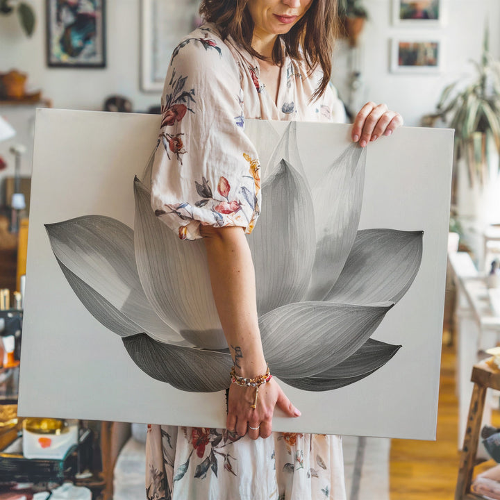 Partial Bloom Lotus Canvas – Black & White Minimalist Floral Elegance - Gifitto