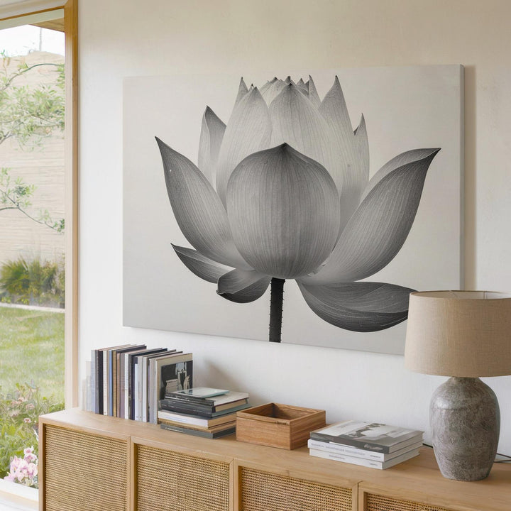 Early Bloom Lotus Canvas – Grayscale Minimalist Botanical Strength Art - Gifitto