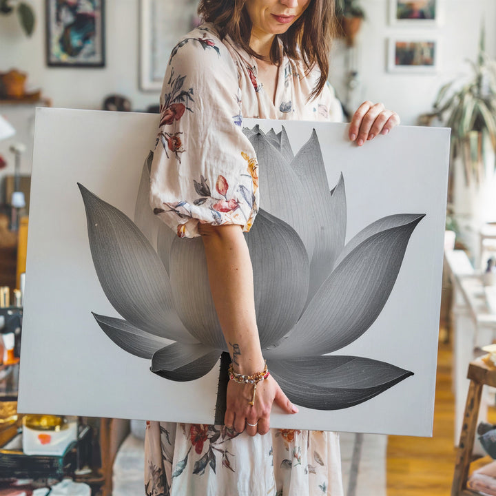 Early Bloom Lotus Canvas – Grayscale Minimalist Botanical Strength Art - Gifitto