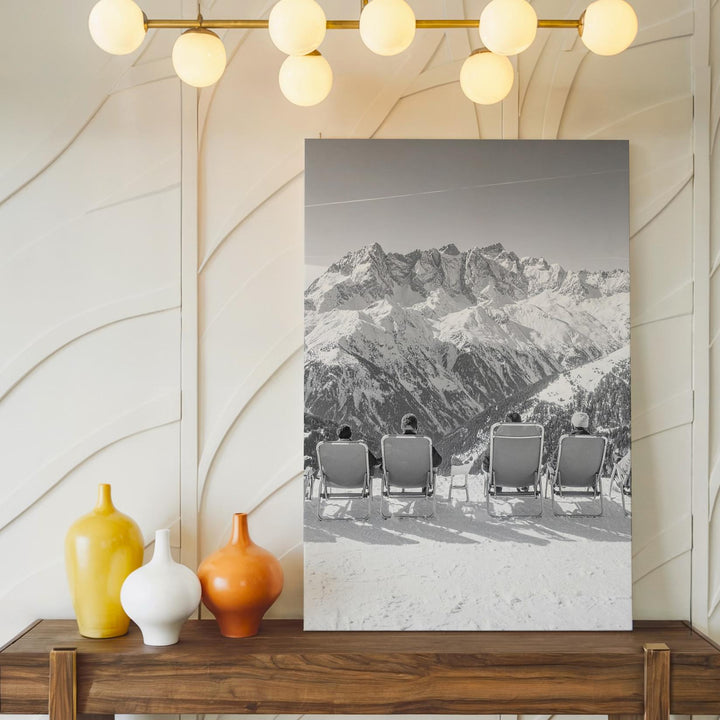 Alpine Serenity Canvas – Black-and-White Ski Resort Landscape with Snowy Mountain Peaks - Gifitto