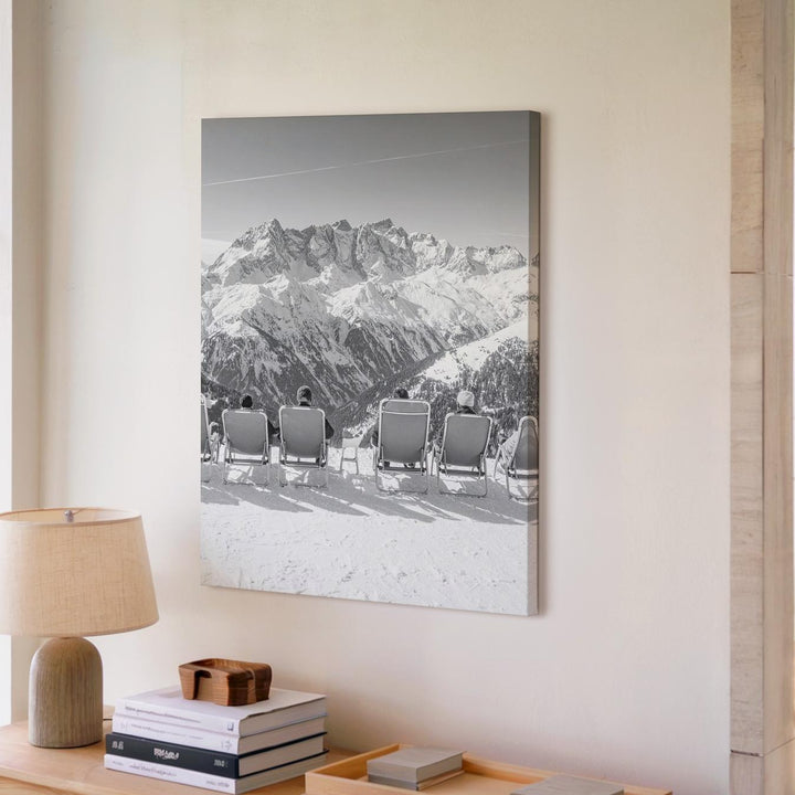 Alpine Serenity Canvas – Black-and-White Ski Resort Landscape with Snowy Mountain Peaks - Gifitto