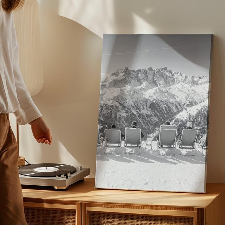 Alpine Serenity Canvas – Black-and-White Ski Resort Landscape with Snowy Mountain Peaks - Gifitto