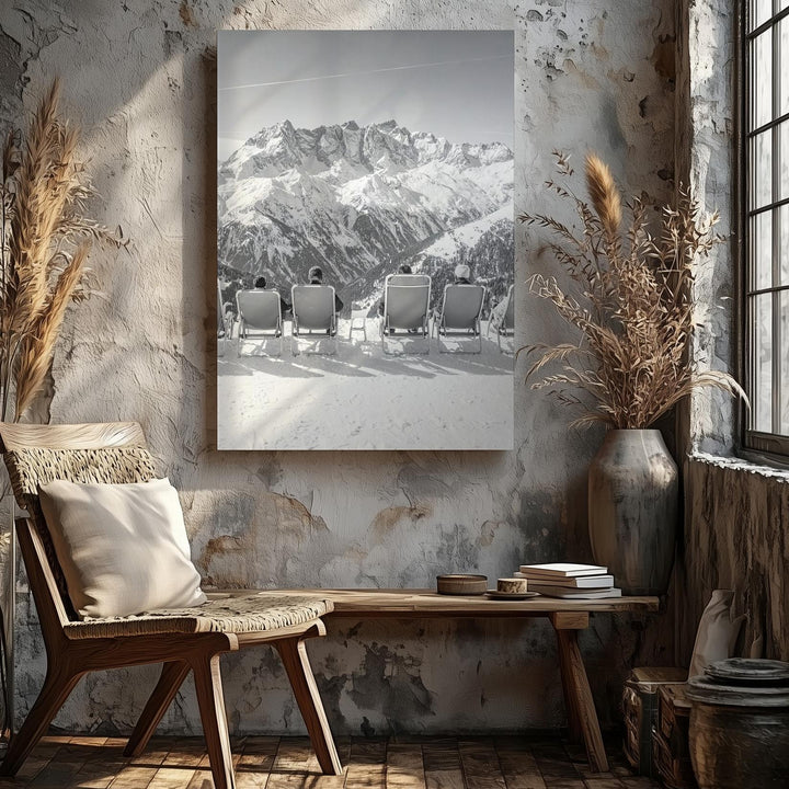 Alpine Serenity Canvas – Black-and-White Ski Resort Landscape with Snowy Mountain Peaks - Gifitto