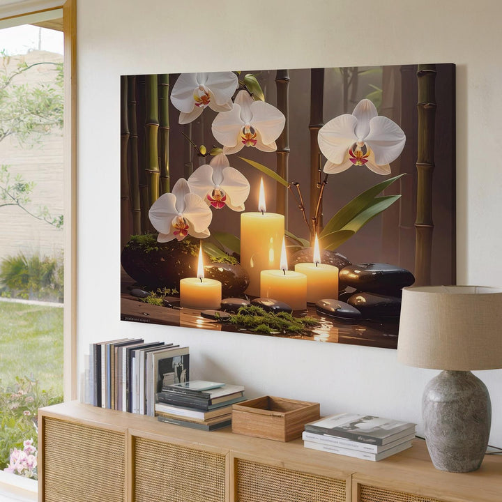 Zen Candle & Orchid Spa Canvas – Warm Wellness Stones & Bamboo Art - Gifitto