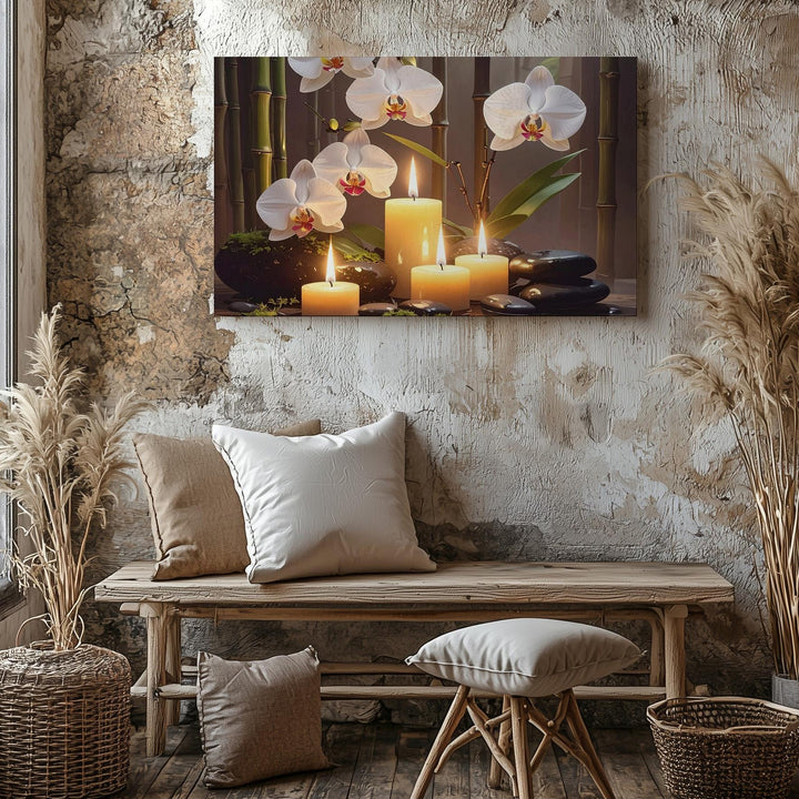 Zen Candle & Orchid Spa Canvas – Warm Wellness Stones & Bamboo Art - Gifitto