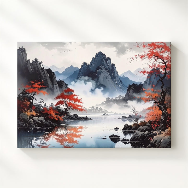 Misty Autumn Lake Canvas – Serene Mountain Reflection Landscape Art - Gifitto