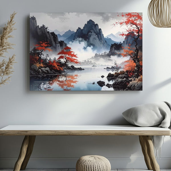 Misty Autumn Lake Canvas – Serene Mountain Reflection Landscape Art - Gifitto