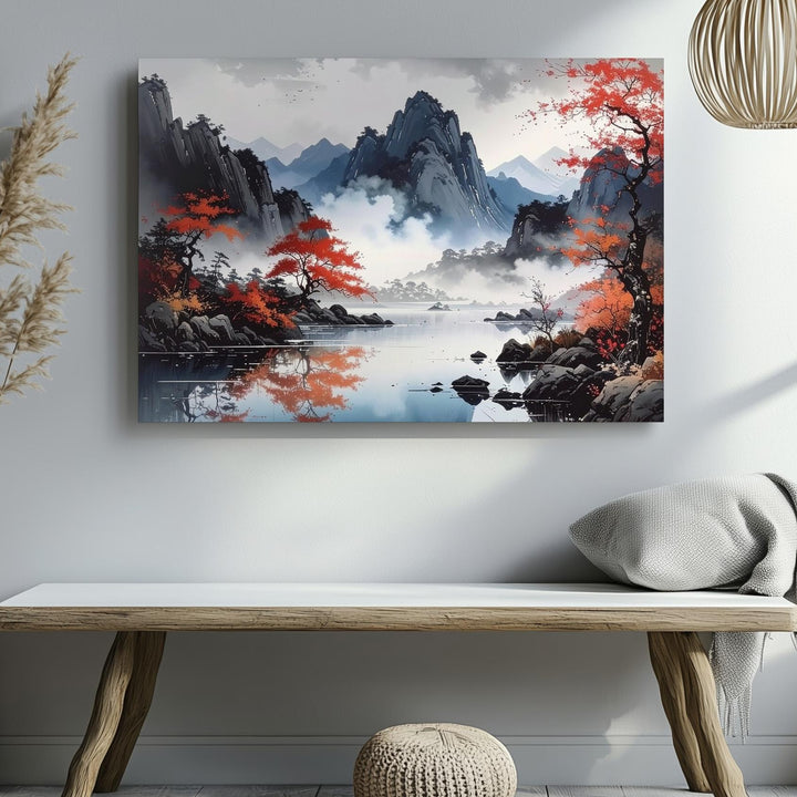 Misty Autumn Lake Canvas – Serene Mountain Reflection Landscape Art - Gifitto