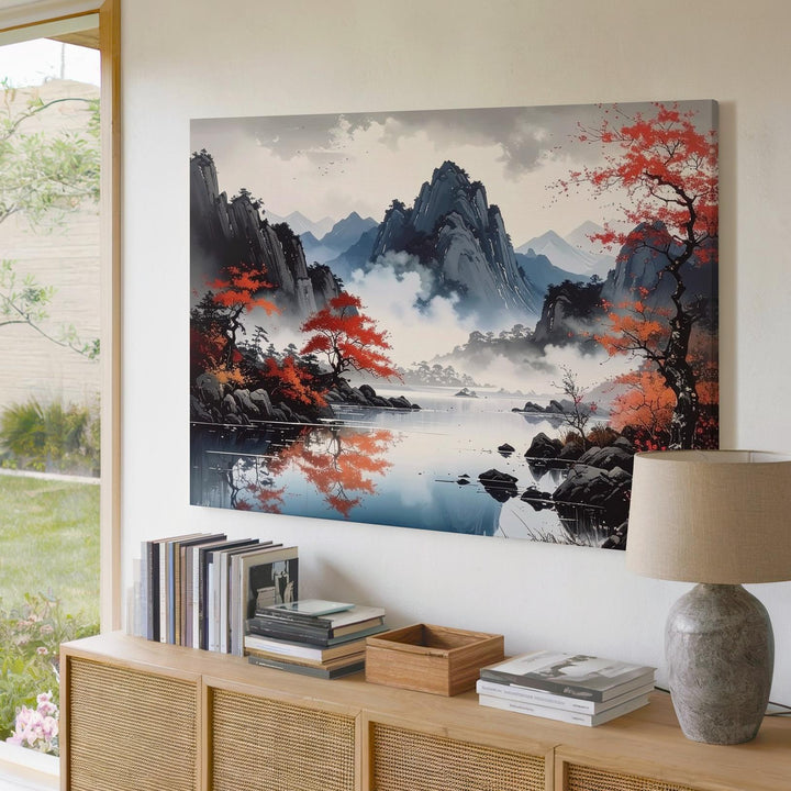 Misty Autumn Lake Canvas – Serene Mountain Reflection Landscape Art - Gifitto
