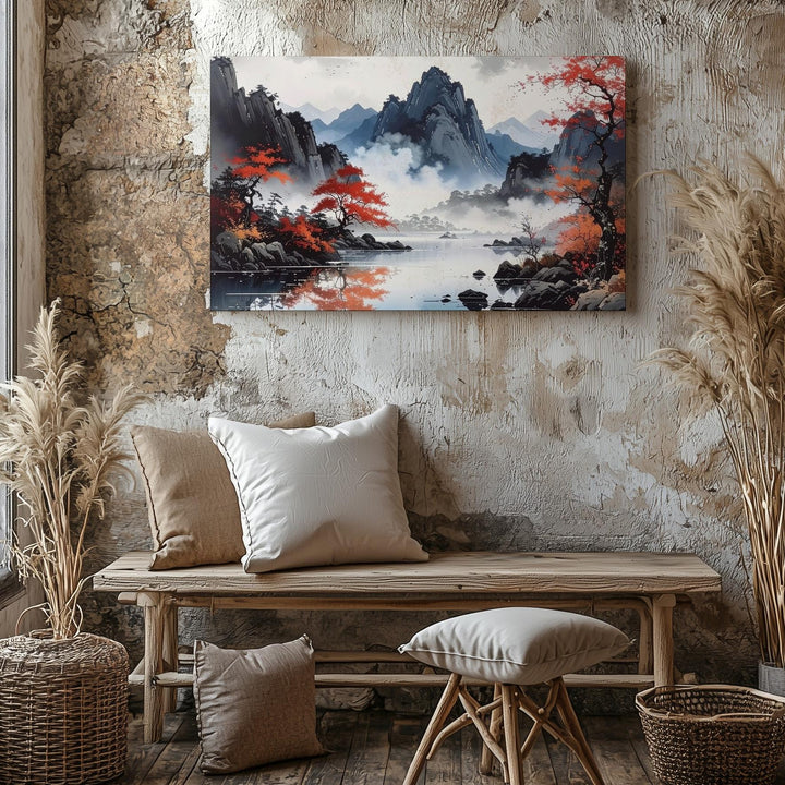 Misty Autumn Lake Canvas – Serene Mountain Reflection Landscape Art - Gifitto