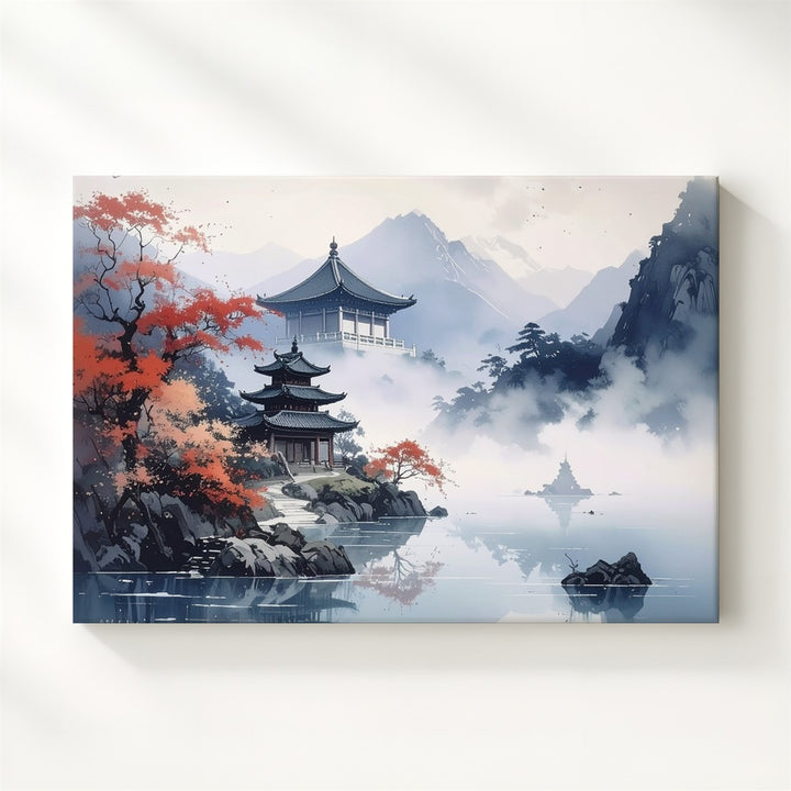 Temple Island in Autumn Canvas – Tranquil Eastern Mountain & Lake Art - Gifitto