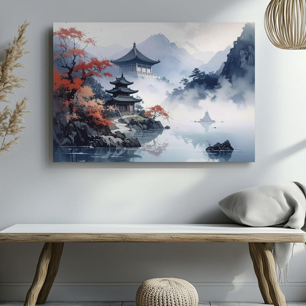 Temple Island in Autumn Canvas – Tranquil Eastern Mountain & Lake Art - Gifitto