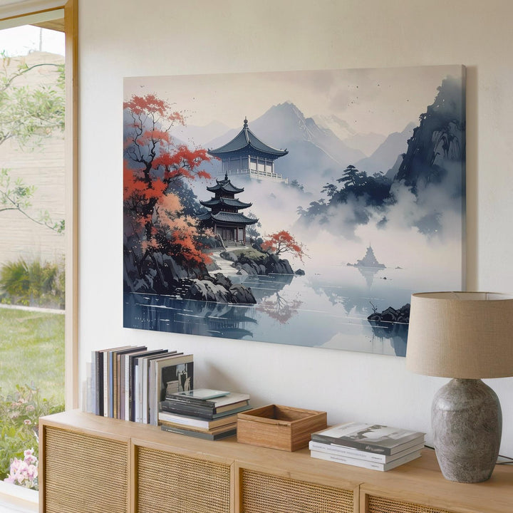 Temple Island in Autumn Canvas – Tranquil Eastern Mountain & Lake Art - Gifitto
