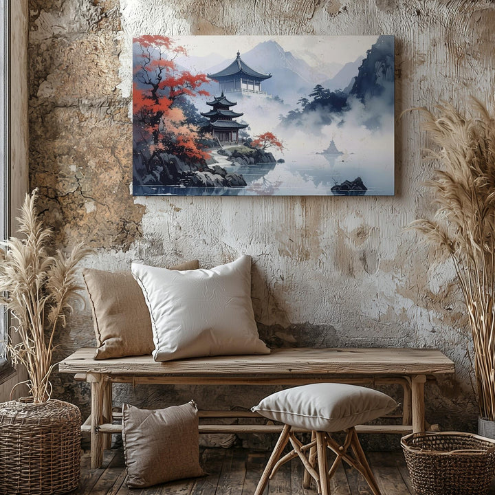 Temple Island in Autumn Canvas – Tranquil Eastern Mountain & Lake Art - Gifitto